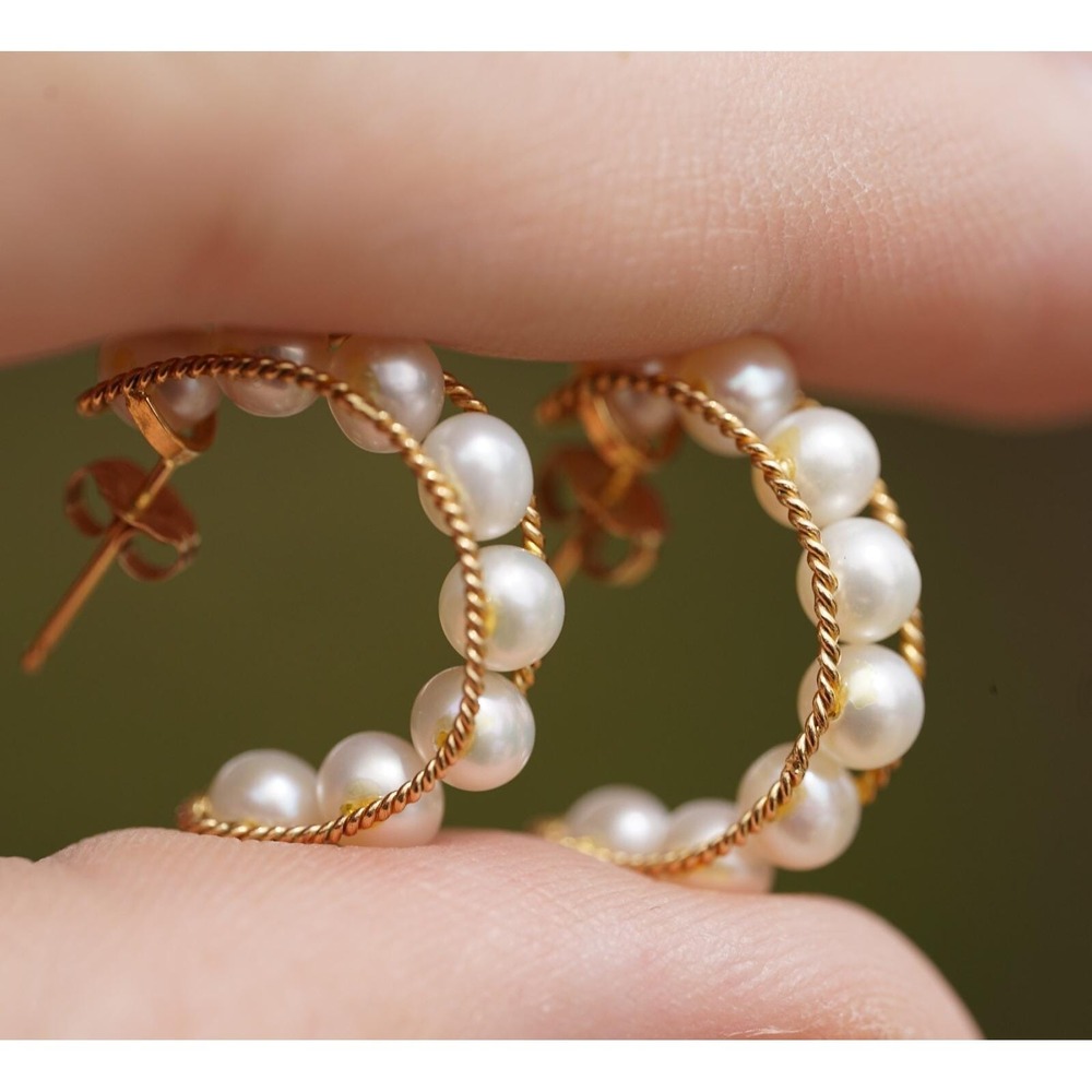 Vintage 14k Solid Yellow Gold Real Pearls Wire Stud Hoop Earrings - Ball